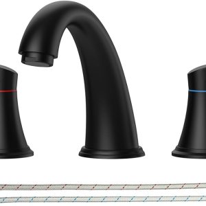 Bathroom Faucet, 8 Inch Bathroom Faucets for Sink 3 Hole, Widespread Matte Black Bathroom Faucet with Pop up Drain and  Lead-Free Hose (Matte Black)