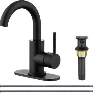 Single-Handle Bathroom Sink Faucet, Swivel Spout, with Pop-up Drain with Overflow and Supply Hose,Bar Sink Faucet,Small Kitchen Faucet Tap,Matte Black,