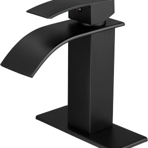 Black Bathroom Faucets Modern Waterfall Bathroom Sink Faucet Matte Black Single Handle Bathroom Faucet for 1 or 3 Holes with Deck Plate,  Sink Camper Farmhouse Bathroom Utility Remodel Faucet