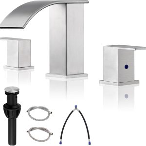 Bathroom Faucet 3 Holes Nickel - 8Inch Waterfall Bathroom Sink Faucet | Two Handles Widespread Lavatory Vanity Sink Faucets with Pop-up Drain Assembly & Supply Lines Brushed Nickel