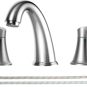 Bathroom Faucet, 8 Inch Bathroom Faucets for Sink 3 Hole, Widespread Brushed Nickel Bathroom Faucet with Pop up Drain and  Lead-Free Hose(Brushed Nickel)