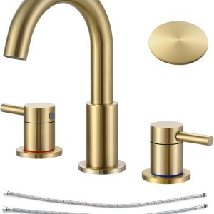 Bathroom Faucet for Sink 3 Hole 8 inch Spread Brushed Gold, Bathroom Sink Faucet with Pop Up Drain, Widespread Bathroom Faucet with Water Supply Hoses, Gold Faucet for Bathroom Sink 3 Hole