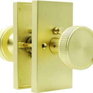 Satin Gold Privacy Door Knobs Interior with Lock for Bedroom Bathroom, Modern Rectangle (Privacy, Satin Gold, 1 Pack)