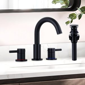 Matte Black Bathroom Faucet 3 Hole, 8 inch Widespread Bathroom Faucet with Pop Up Drain, Bathroom Sink Faucet with 360° Swivel Spout, 2 Handle Vanity Faucet with Water Supply Hoses
