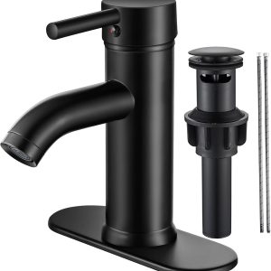 Black Bathroom Faucet Single Hole Bathroom Sink Faucet Matte Black Single Handle Vanity Basin Faucet Modern Farmhouse  Bathroom Faucet with pop-up Drain Suitable for 1 or 3 Holes (Black, Short)