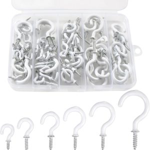 90 Pcs White Ceiling Hooks kit, 6 Sizes Vinyl Coated Screw-in Plant, Kitchen, Cup, Ceiling Hooks for Hanging (1/2in, 5/8in,3/4in,7/8in,1'',1-1/4in)