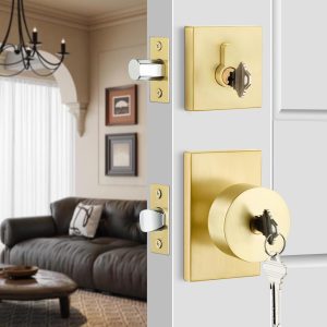 Gold Door Knob with Deadbolt, Heavy Duty Brushed Gold Exterior Door Lock Set, Zinc-Alloy Brushed Brass Front Door Knob and Deadbolt Set(1 Pack)