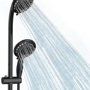 Handheld Showerhead & Rain Shower Combo for Easy Reach, 27.5" Drill-free Stainless Steel Slide Bar, 5”of 5-setting Handheld Shower and Showerhead, with 5ft Hose - Black