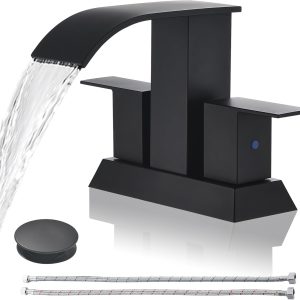 Black Waterfall Bathroom Faucet - 4Inch 2 or 3 Holes Centerset Faucet Bathroom | Two Handles Widespread Lavatory Vanity Sink Faucets with Overflow Pop-up Drain & Supply Lines Matte Black
