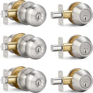 3 Sets Entry Door Knob and Single Cylinder Deadbolt Combo Set, Keyed Alike Round Ball Satin Nickel Exterior Door Knobs with Lock and Keys for Entrance and Front Door