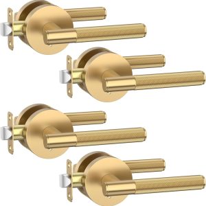 4 Pack Champagne Bronze Privacy Door Handles, Door Lever with Door Knobs Indoor for Bedroom or Bathroom, Heavy Duty Door Handles Interior with Locks for Left Right Sided Doors