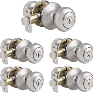(5 Pack Brushed Nickel Keyed Entry Locksets, Keyed Alike Entry Door Knobs, Modern Entrance Locksets for Bedroom Front Door Office