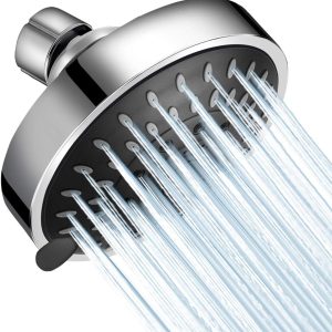 High Pressure Shower Head 5 Settings Fixed Showerhead 4 Inch High Flow Bathroom Showerhead with Adjustable Brass Ball Joint for Luxury Shower Experience Even at Low Water Pressure