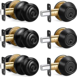 3 Sets Entry Door Knob and Single Cylinder Deadbolt Combo Set, Keyed Alike Round Ball Matte Black Exterior Door Knobs with Lock and Keys for Entrance and Front Door
