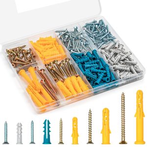 Drywall Anchors and Screws Assortment Kit 270PCS, 135 Plastic Wall Anchors and 135 Philips Flat Head Screws, 5 Sizes Galvanized Screws and Wall Plug Bolts with Organizer Box
